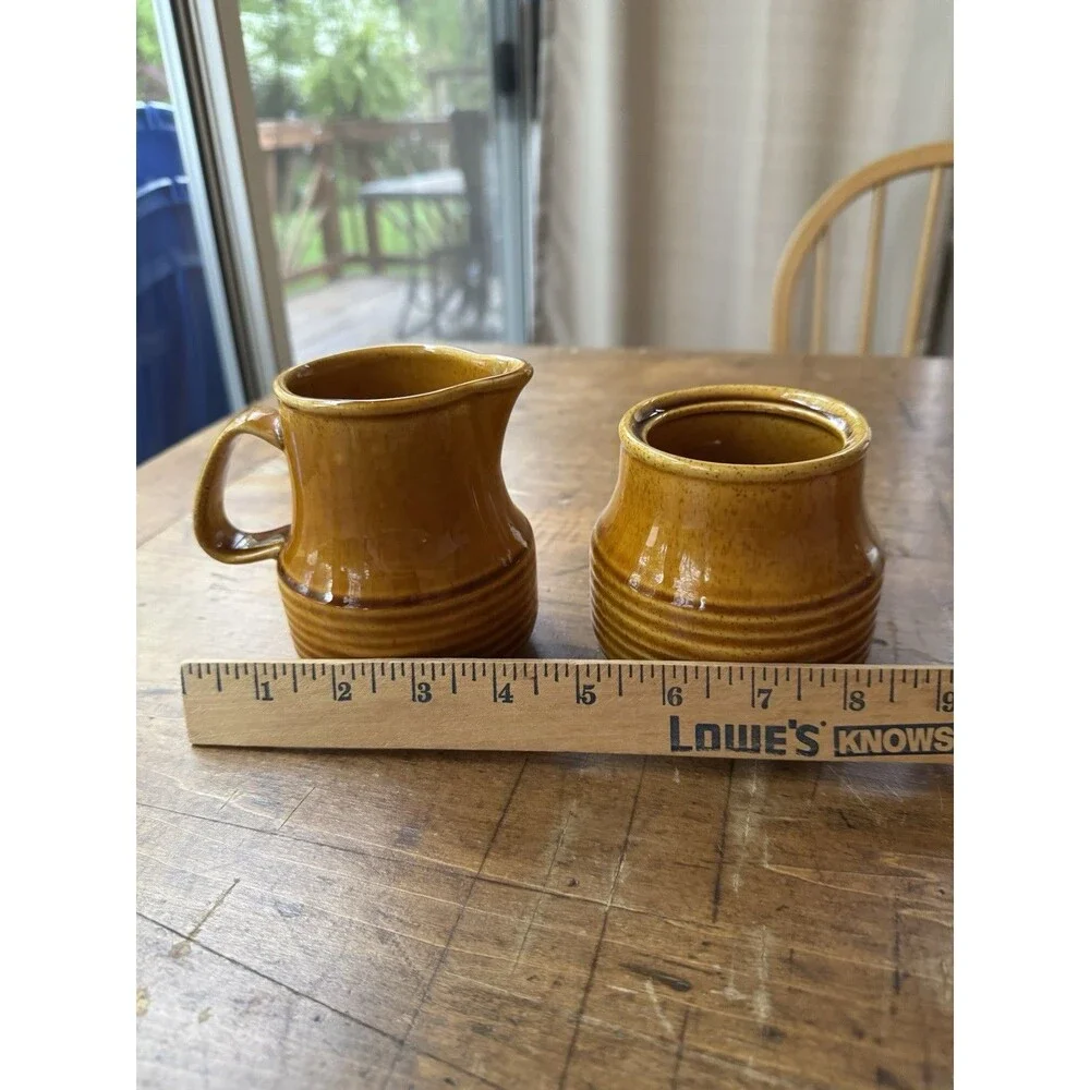 Homer Laughlin Co. Brown/Mustard Glazed Pottery Creamer And Sugar Set  No Lid
